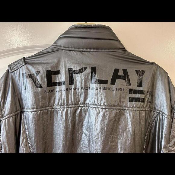 VTG REPLAY Men’s Moto Bomber Jacket Hood XXL Metallic Gray Polyamide Fashion Box - Picture 8 of 15